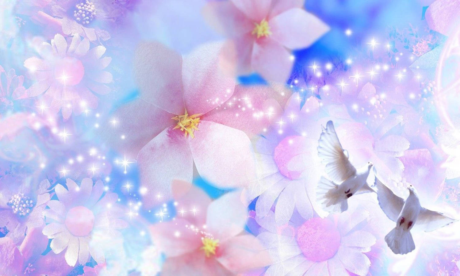 花卉幻想圖案 壁紙 — 柔和嘅粉彩花同白鴿喺充滿閃爍光線嘅夢幻天空漂浮。