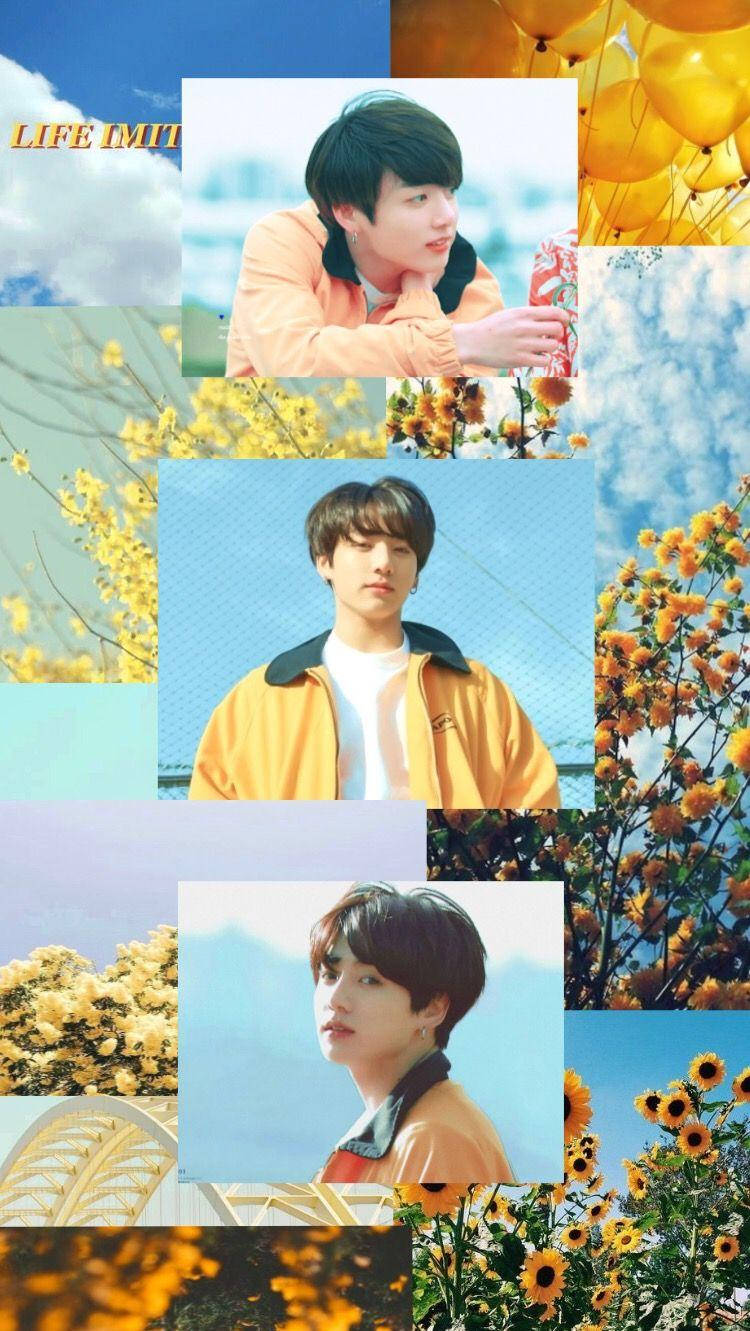 花卉拼貼 Jungkook 美學壁紙 壁紙 — 一個充滿活力的拼貼畫，描繪一位身穿橙色外套的年輕男子，背景是向日葵田、藍天和黃色氣球。