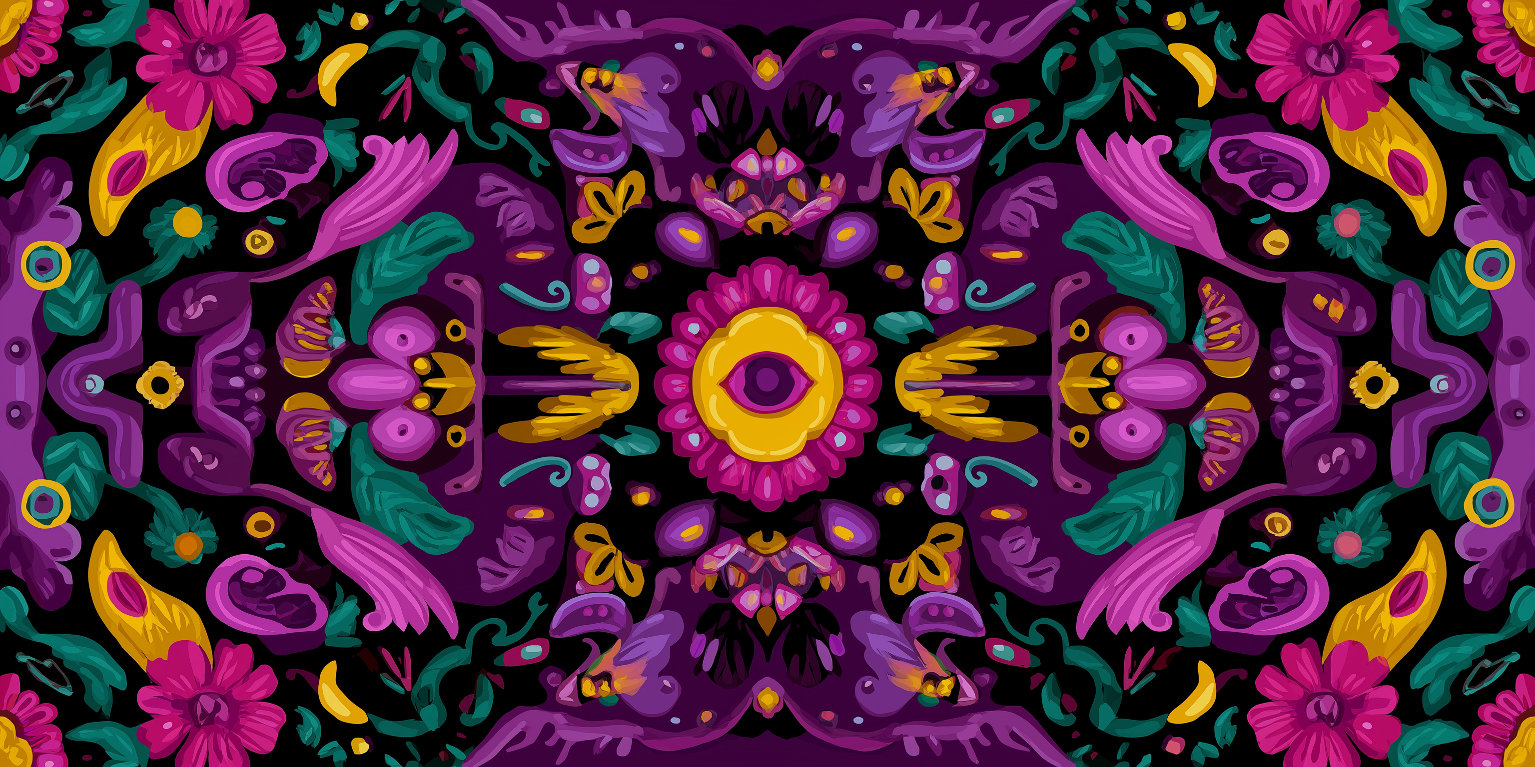 花卉文化萬花筒 壁紙 — 充滿活力的迷幻花卉圖案，在黑色背景上呈現對稱的紫色、黃色和藍綠色元素。