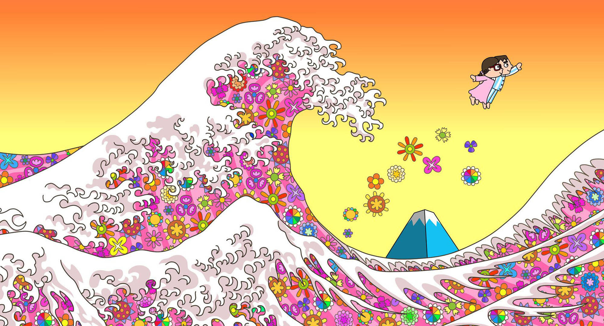 花卉日式波浪藝術 壁紙 — 一個充滿活力的卡通波浪，覆蓋著色彩繽紛的花朵，撞向一座山，一個女孩在上方飛翔。