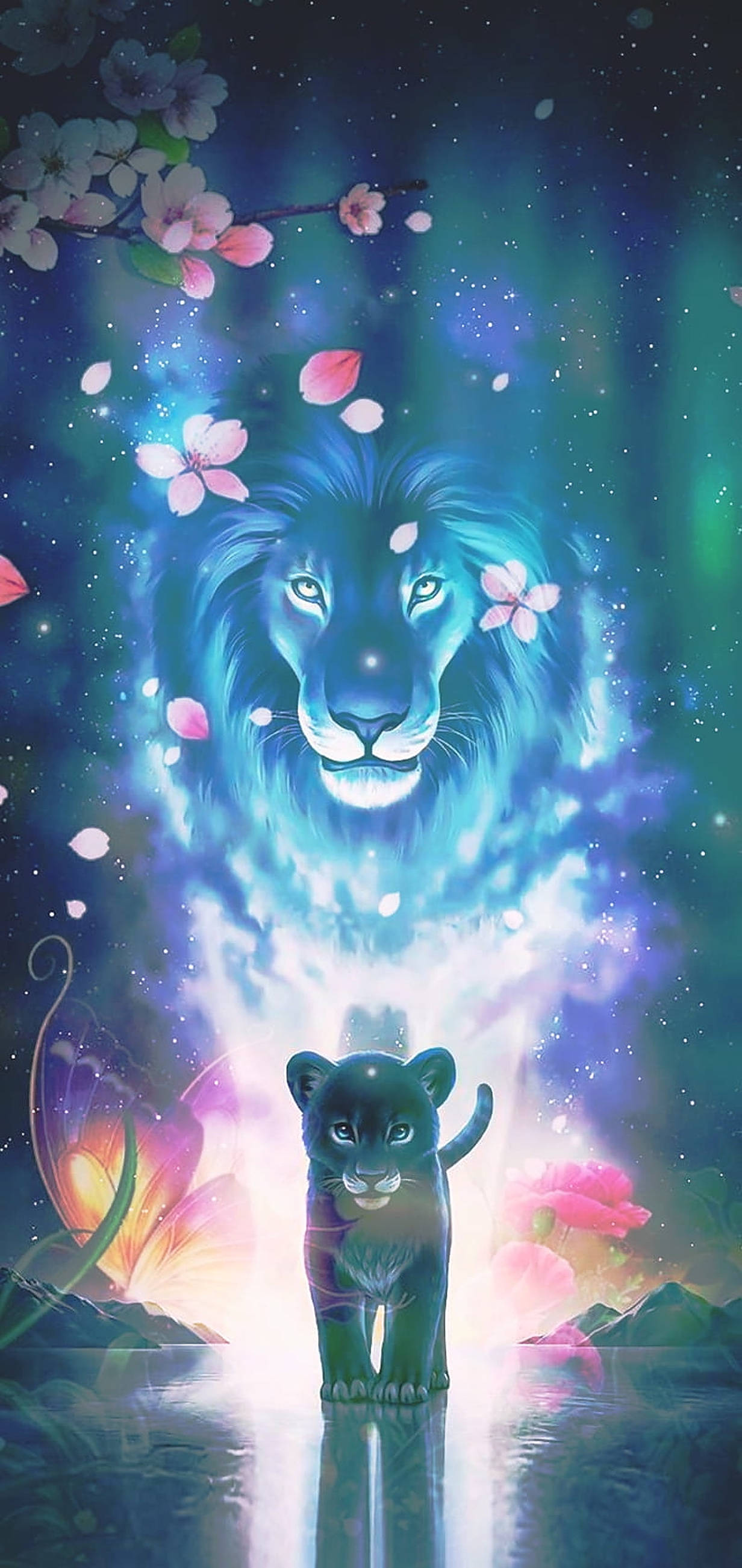 花卉星際獅王國藝術 壁紙 — 一頭雄偉的發光藍色獅子靈體從宇宙傳送門中出現，下方有一隻小黑貓站在倒映著櫻花飄落的水面上。