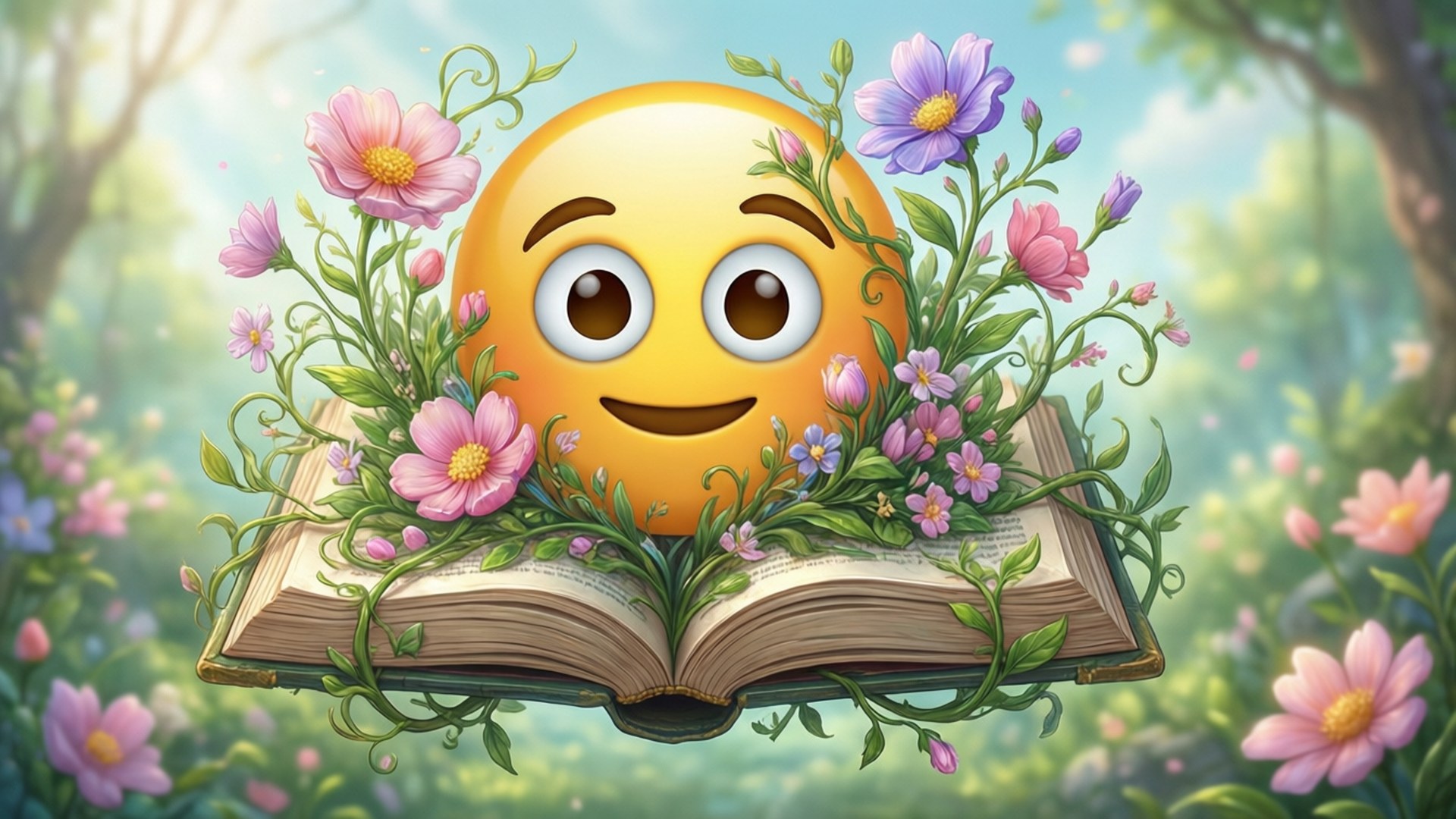 花卉書本表情符號 壁紙 — 一個開朗的黃色表情符號，有大眼睛和微笑，從一本打開的書中出現，周圍是盛開的粉紅色和紫色花朵，在陽光明媚的花園中。