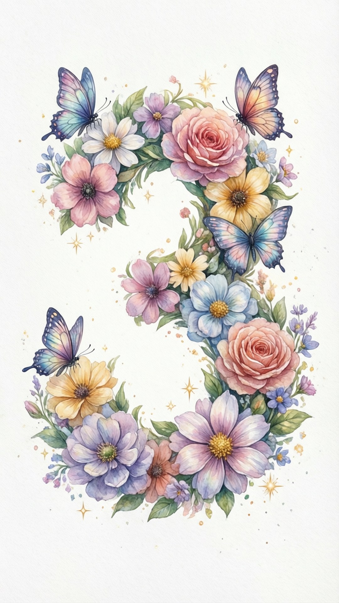 花卉水彩數字3 壁紙 — 一個充滿活力的水彩字母S，點綴著色彩繽紛的花朵和蝴蝶，背景是柔和的白色。