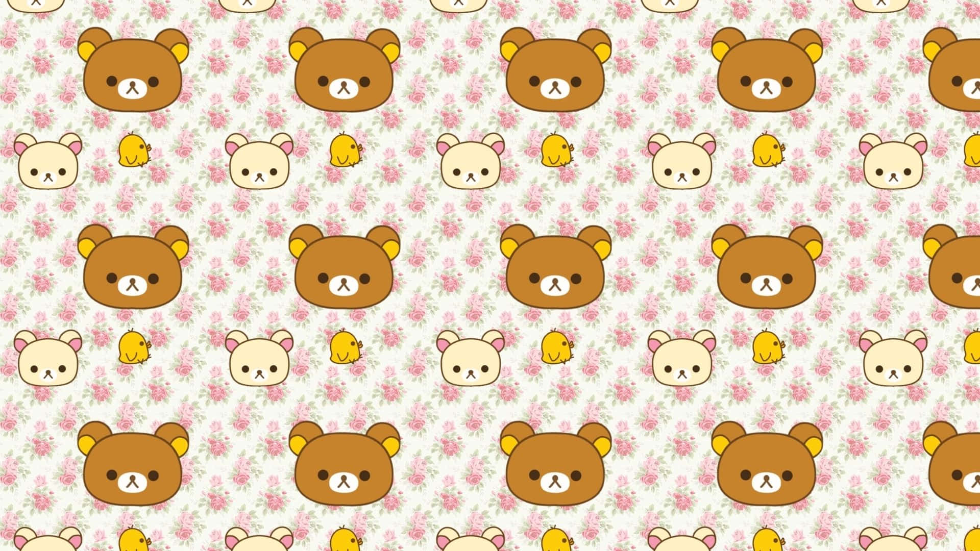 Kawaii Bear 桌布 壁紙 — 花卉背景上可愛的棕色和白色小熊與黃色小雞的重複圖案。