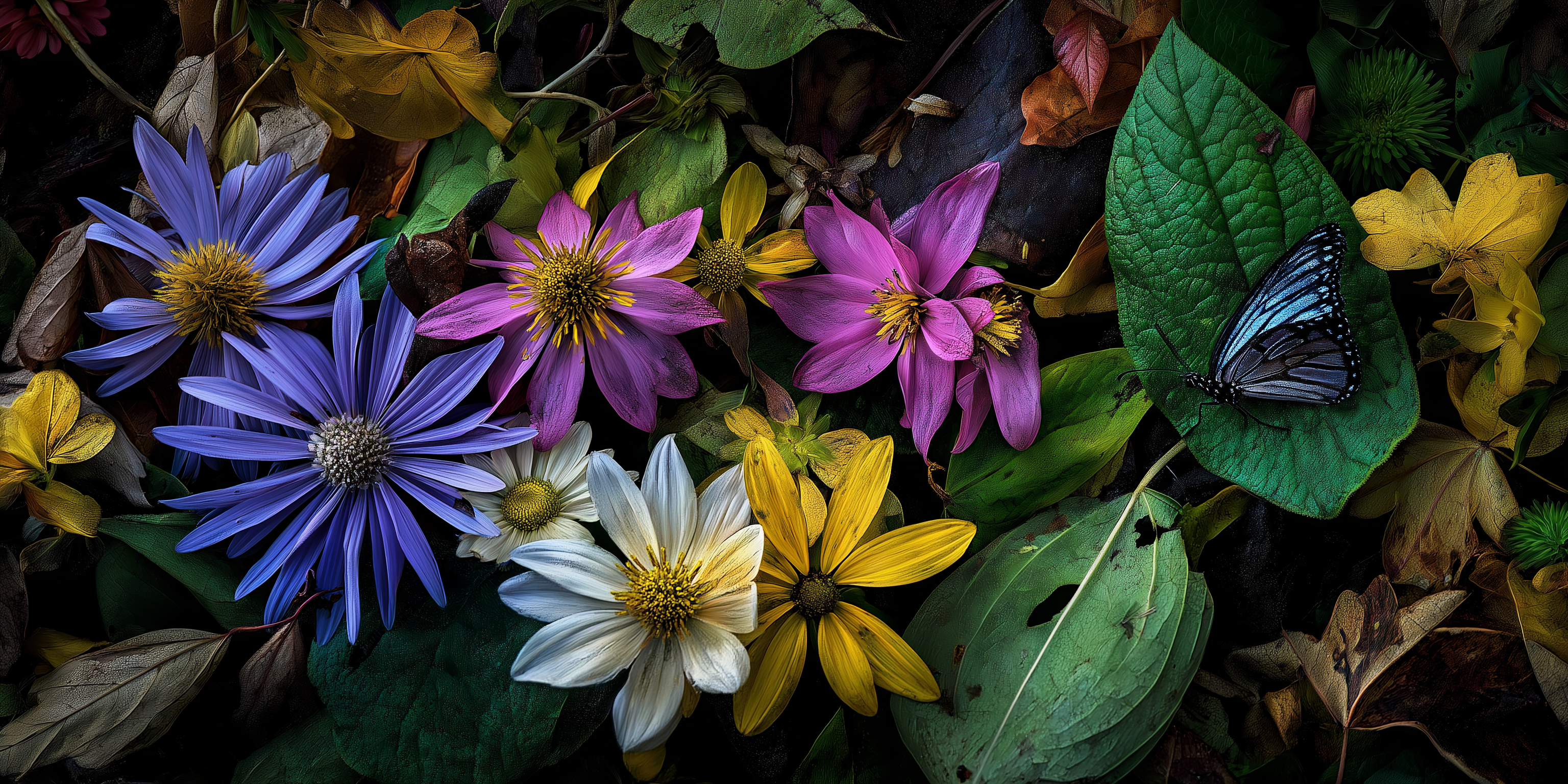 花卉花園萬花筒 壁紙 — 鮮豔的紫色、粉紅色、黃色和白色花朵在茂密的綠葉中盛開，一隻藍色蝴蝶停在葉子上。