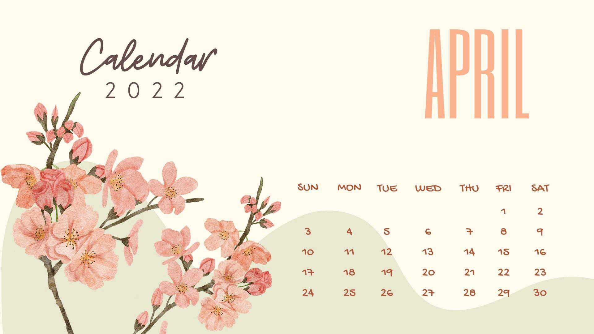 2022年4月月曆，水彩風格的粉紅櫻花。