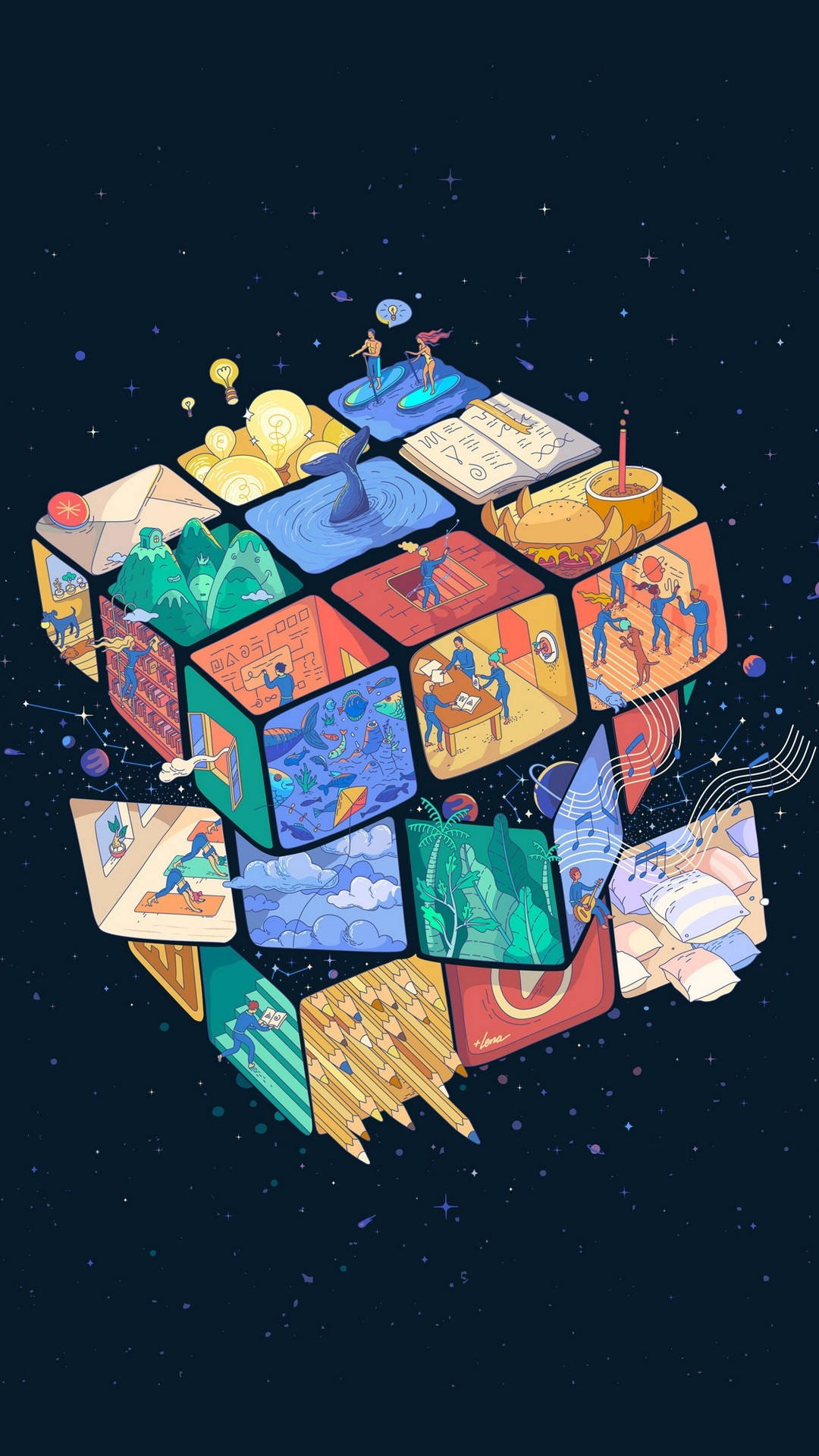 一個漂浮的立方體，上面有插圖場景，描繪人們在星空夜空下進行各種活動。
