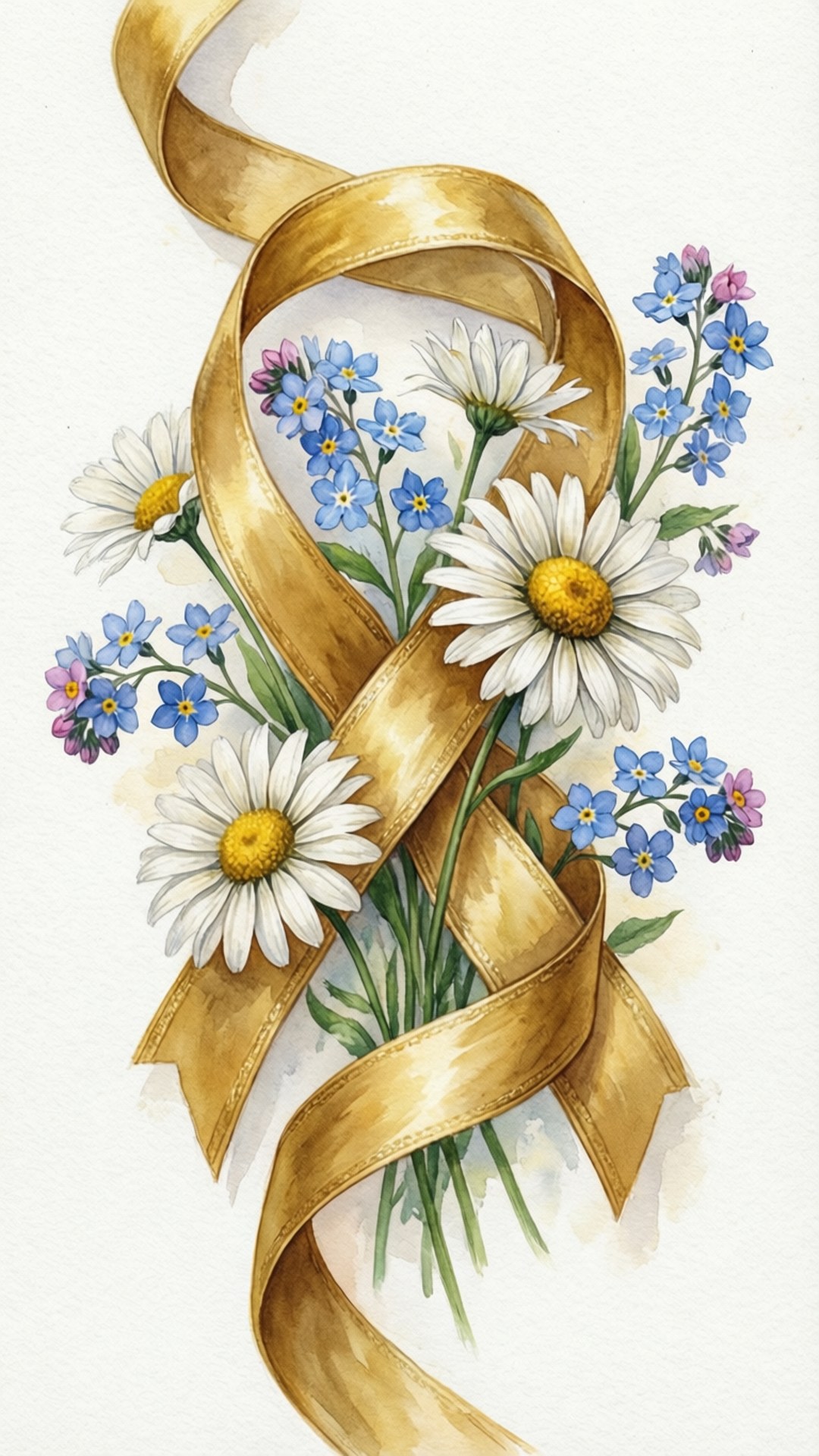 金色絲帶與雛菊和勿忘我交織，水彩風格。