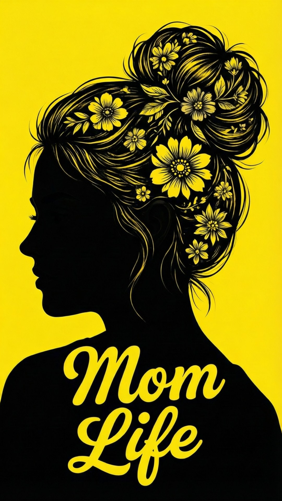 一個女人嘅黑色剪影，頭髮係花，黃色字寫住 Mom Life。