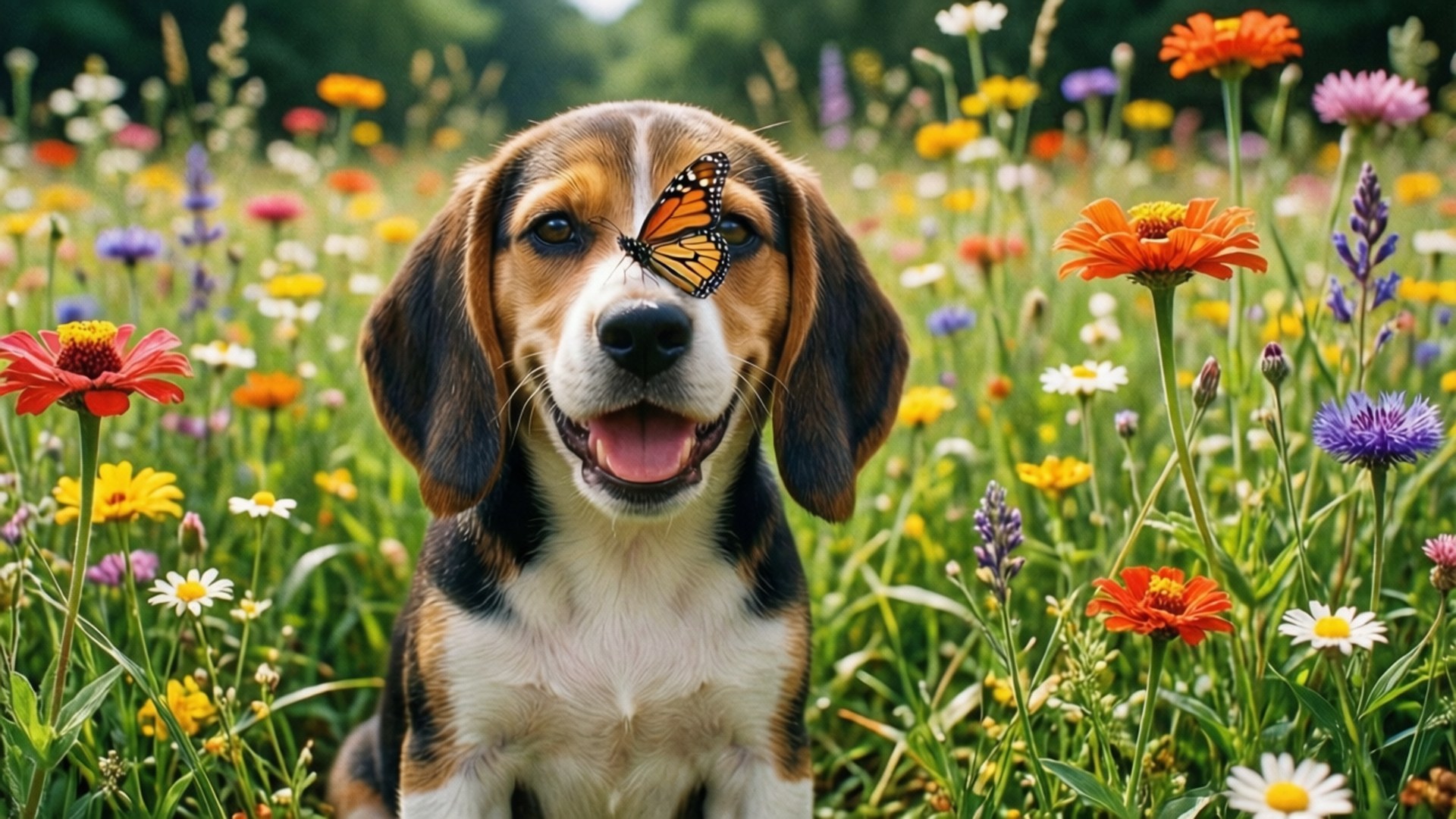 一隻小獵犬幼犬，眼睛上有蝴蝶，周圍是色彩繽紛的野花。