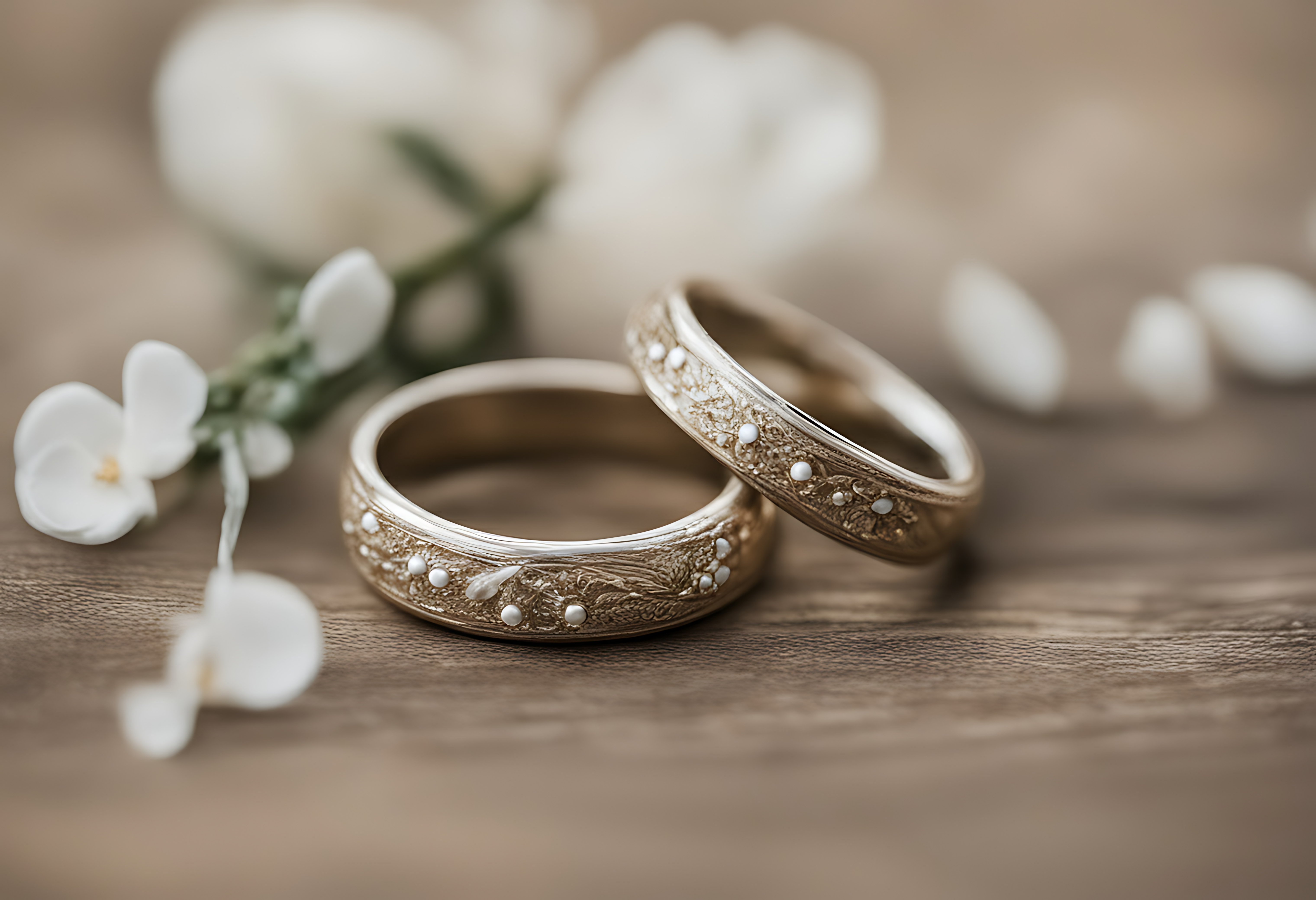 花叢背景上的婚戒 壁紙 — 兩隻華麗的金色結婚戒指帶有珍珠點綴，放置在木質表面上，旁邊是精緻的白色花朵。