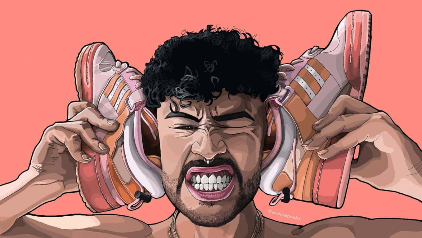 男人尖叫著將運動鞋放在耳朵上，背景是珊瑚色。