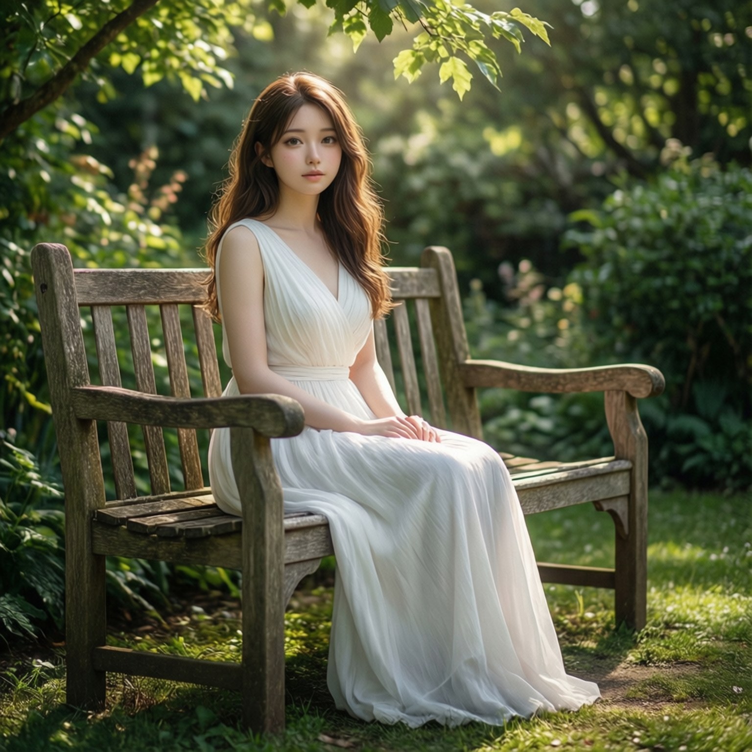 花園優雅時刻 壁紙 — 一位身穿飄逸白色連衣裙的寧靜女子，在綠意盎然的花園中，斑駁的陽光下，優雅地坐在一張風化的木長椅上。