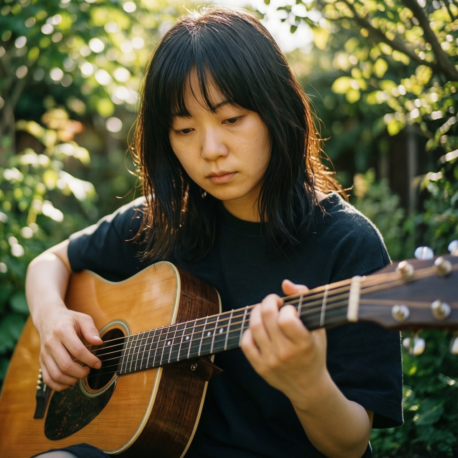年輕女性在陽光花園中彈奏木結他