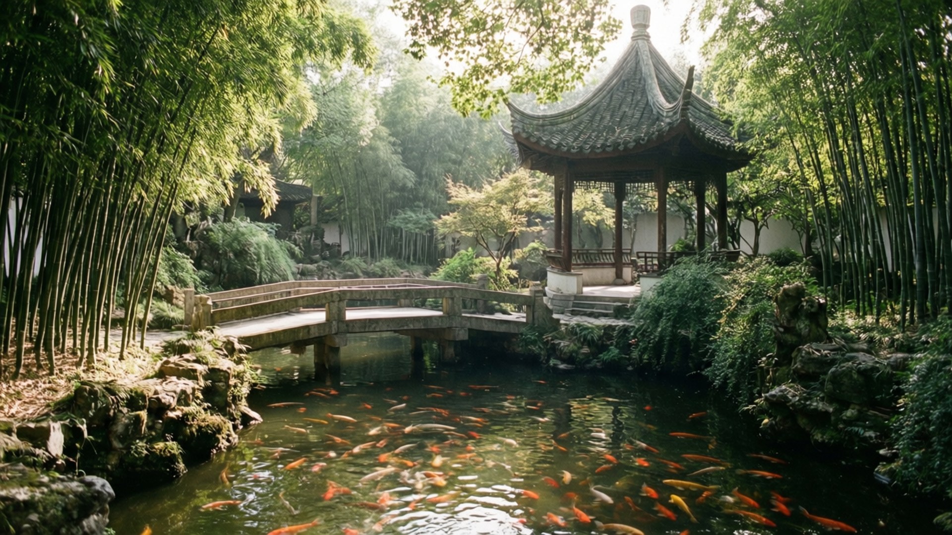 花園小橋靜謐 壁紙