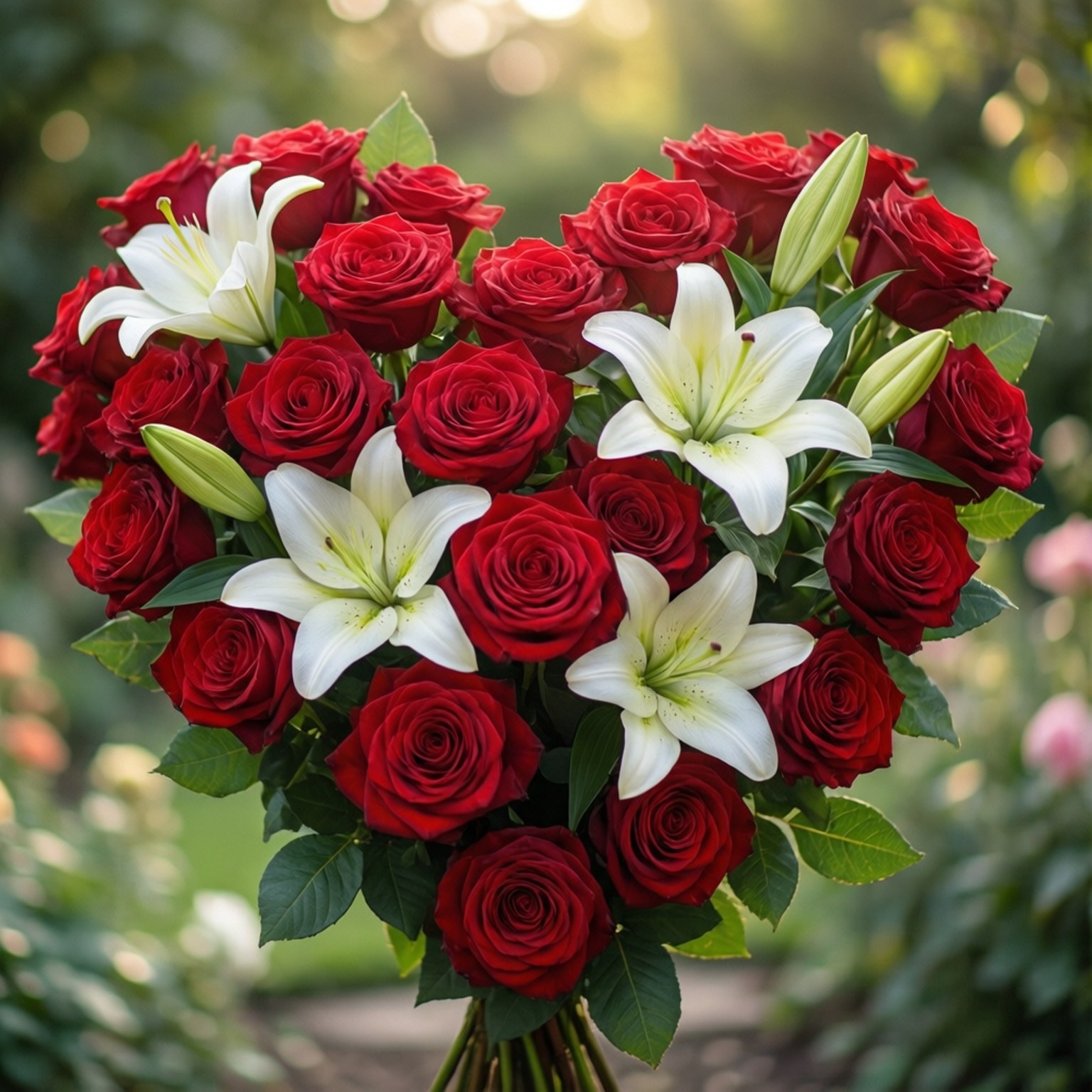 花園陽光下的紅玫瑰和白百合花束