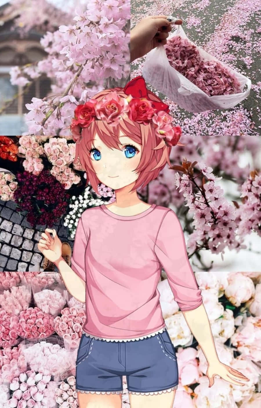 花園背景的Sayori DDLc 壁紙 — 粉紅頭髮藍眼睛的動漫女孩戴著紅色玫瑰皇冠，周圍環繞著粉紅色的櫻花和玫瑰。
