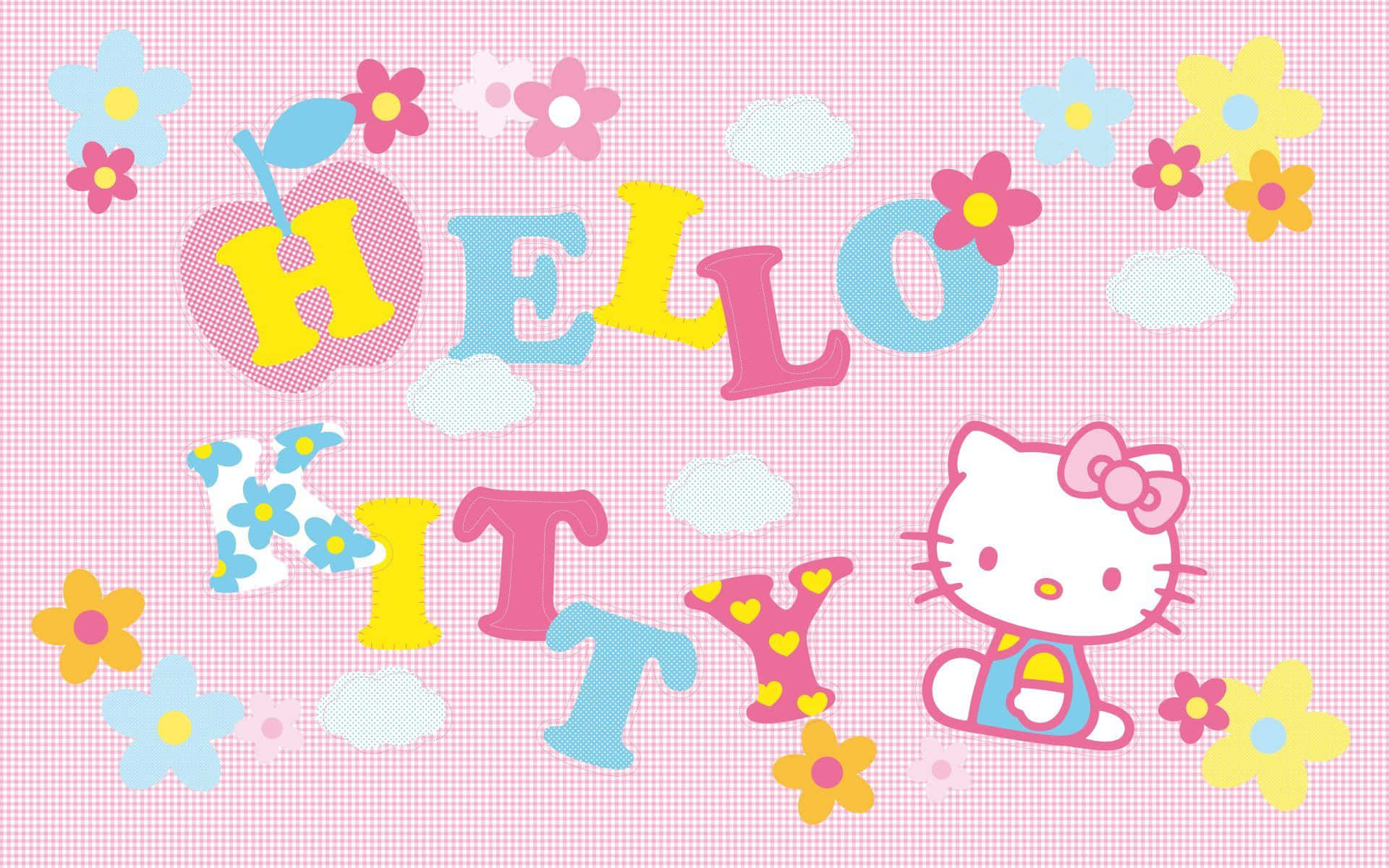 花園風可愛粉紅Hello Kitty背景 壁紙 — Hello Kitty 喺粉紅色格仔背景上，喺色彩繽紛嘅花同粉彩雲朵之間開心地坐低。