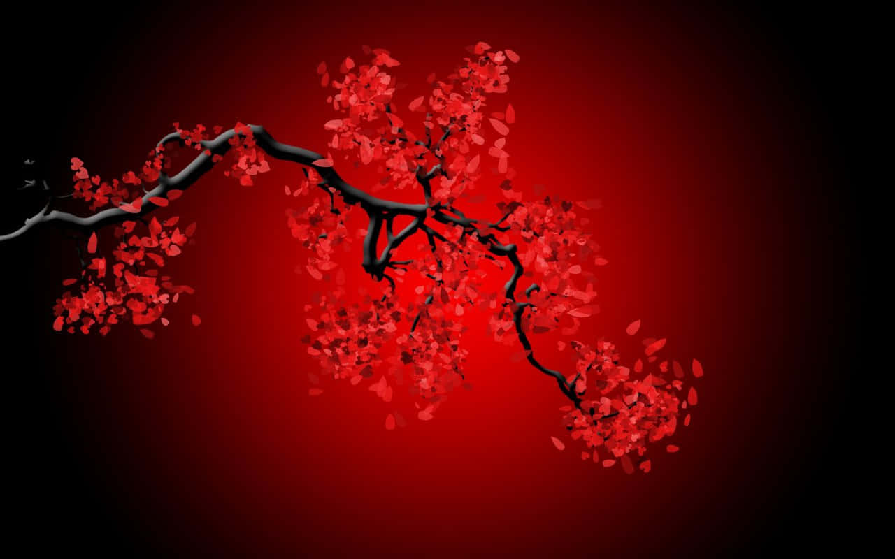 黑色櫻桃枝條在紅色漸變背景上盛開紅色花朵