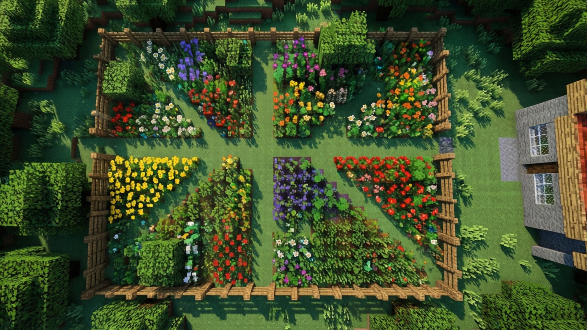 花園鳥瞰圖 壁紙 — 俯瞰一個充滿活力的Minecraft花園，中央小路周圍有色彩繽紛的花壇排列成十字圖案。