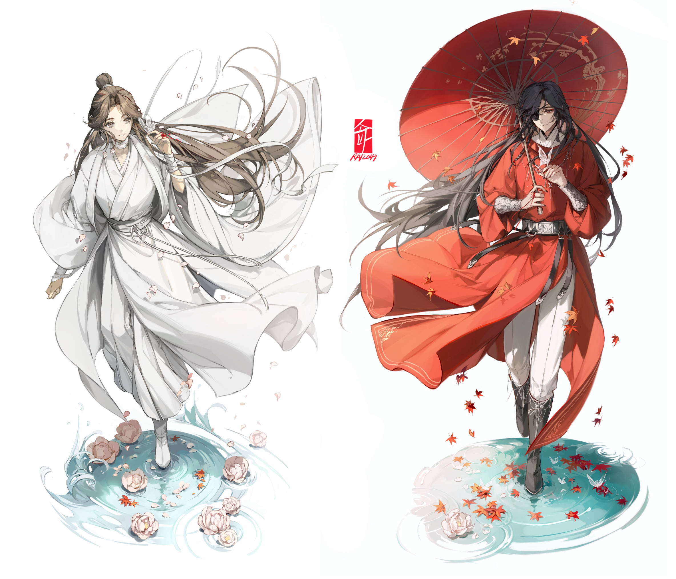 花城之愛 壁紙 — 兩個動漫風格的人物穿著飄逸長袍站在水中，周圍有漂浮的花朵，一個穿白色，另一個穿紅色，撐著一把傘。