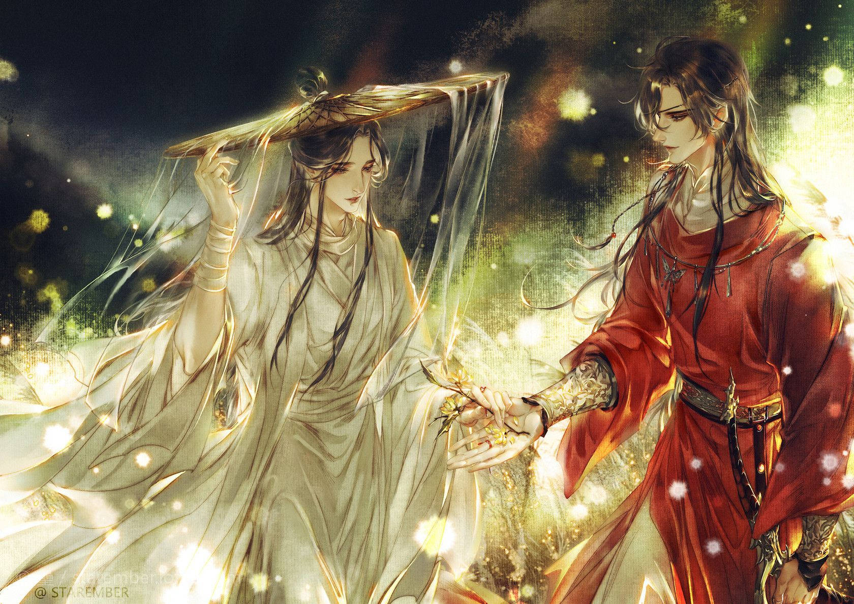 花城圖像藝術 壁紙 — 兩個身穿飄逸長袍的動漫角色在神秘夜景中，於閃爍金色粒子間交換一個發光物體。