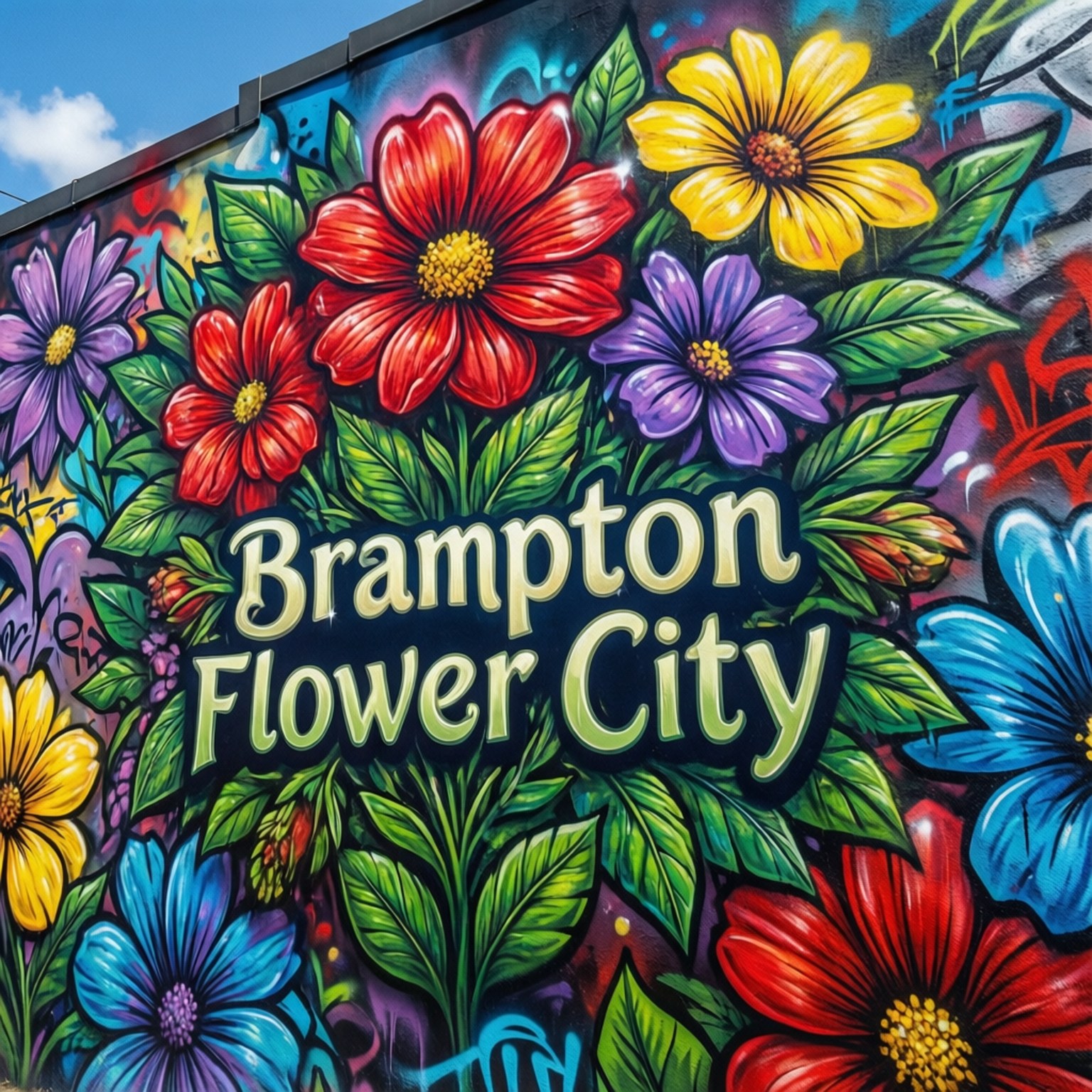 城市牆上帶有明亮花朵和綠葉的Brampton Flower City壁畫。