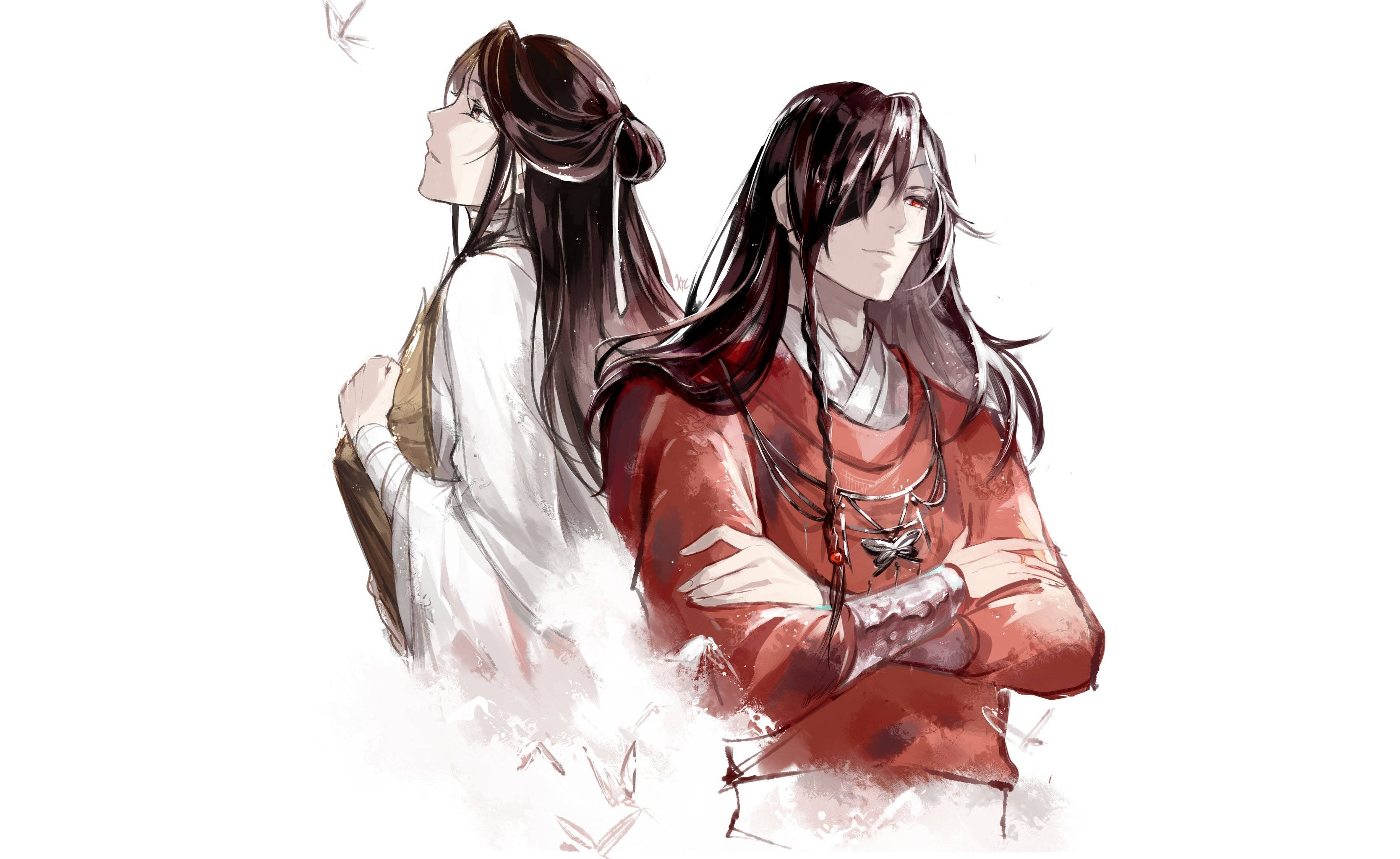 花城水彩畫 壁紙 — 兩個長黑髮的動漫角色背對背坐著，柔和的水彩風格，一個穿白色長袍，另一個穿紅色長袍，帶有蝴蝶吊墜。