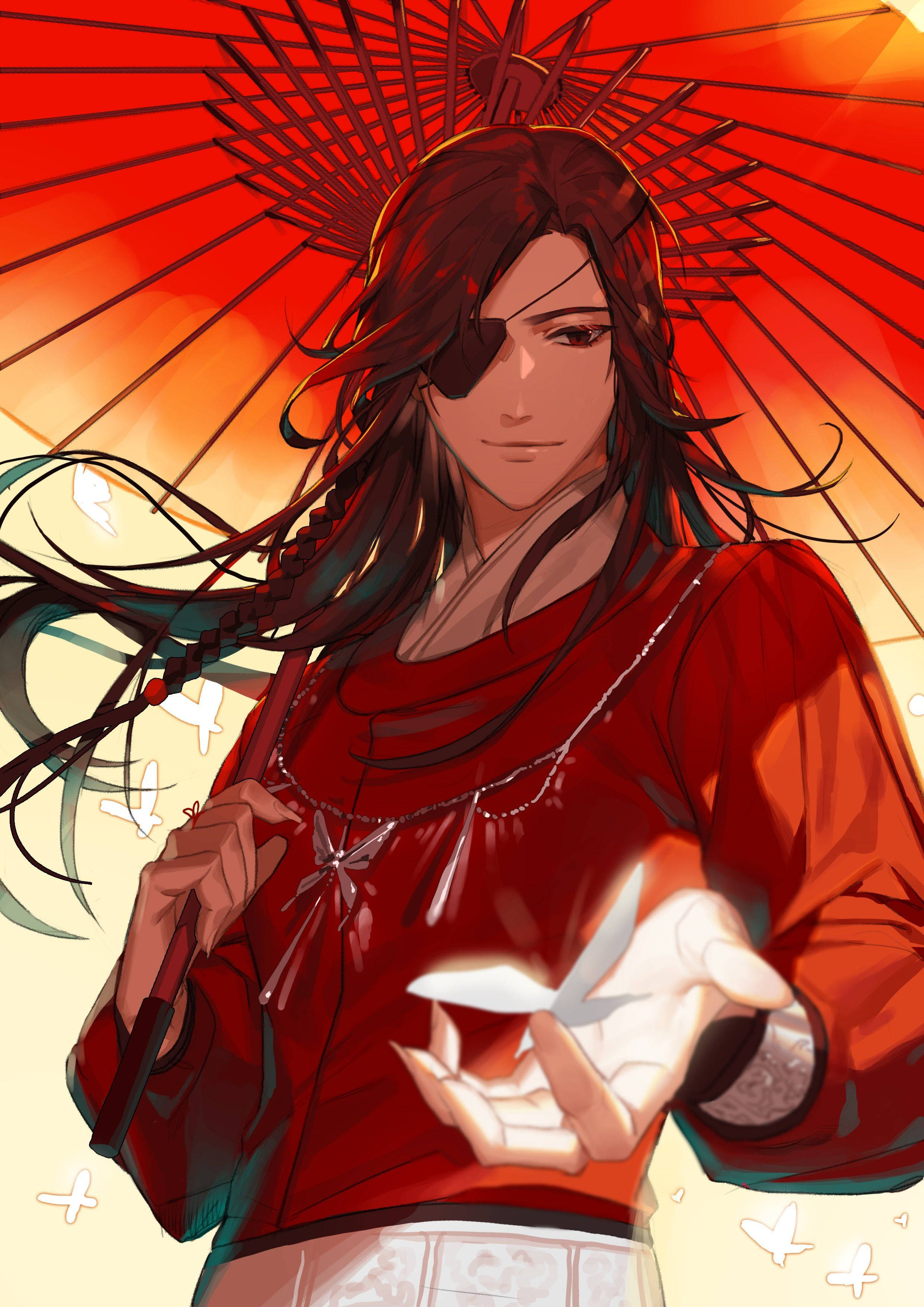 花城眼罩 壁紙 — 一個戴面具的動漫男子身穿紅色長袍，在紅色陽傘下拿著發光的紙鶴，背景是熾熱的日落。