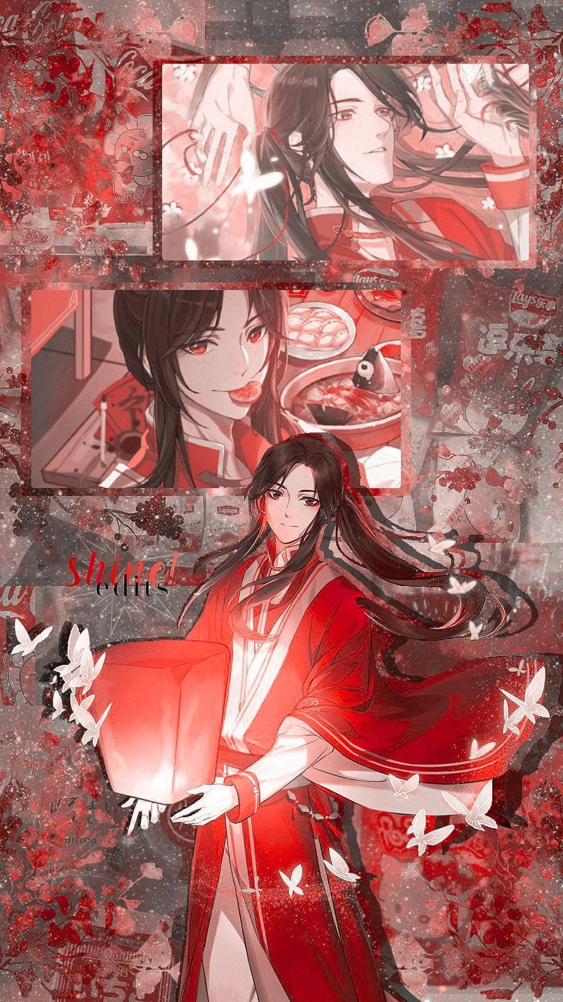 花城紅紙燈籠 壁紙 — 一幅紅色調的動漫拼貼畫，描繪一位穿著傳統長袍的女子在飄落的櫻花和飛舞的蝴蝶中提著燈籠。