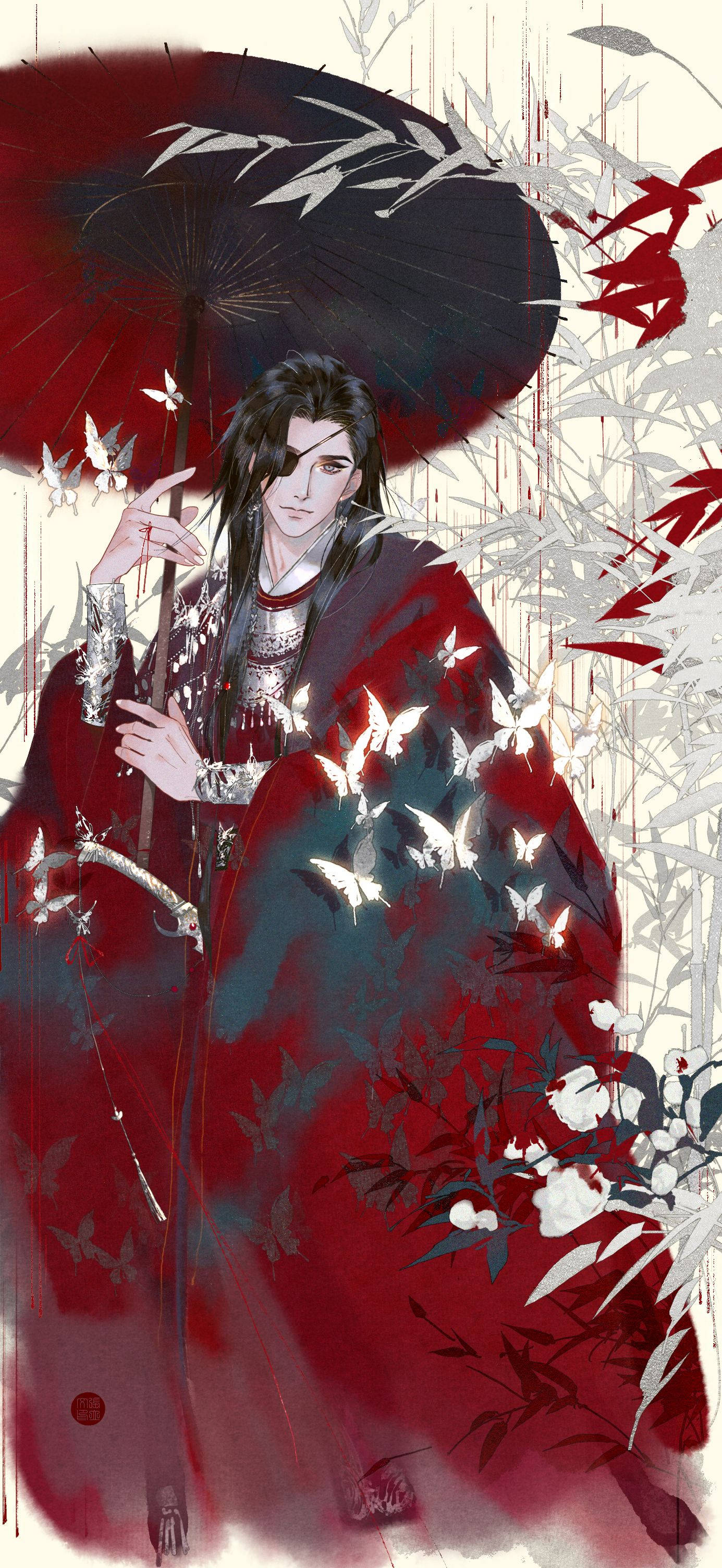 花城紅藝 壁紙 — 一位黑髮動漫男子身穿紅色長袍，手持黑色雨傘，白色蝴蝶在紅白花朵間圍繞他飛舞。