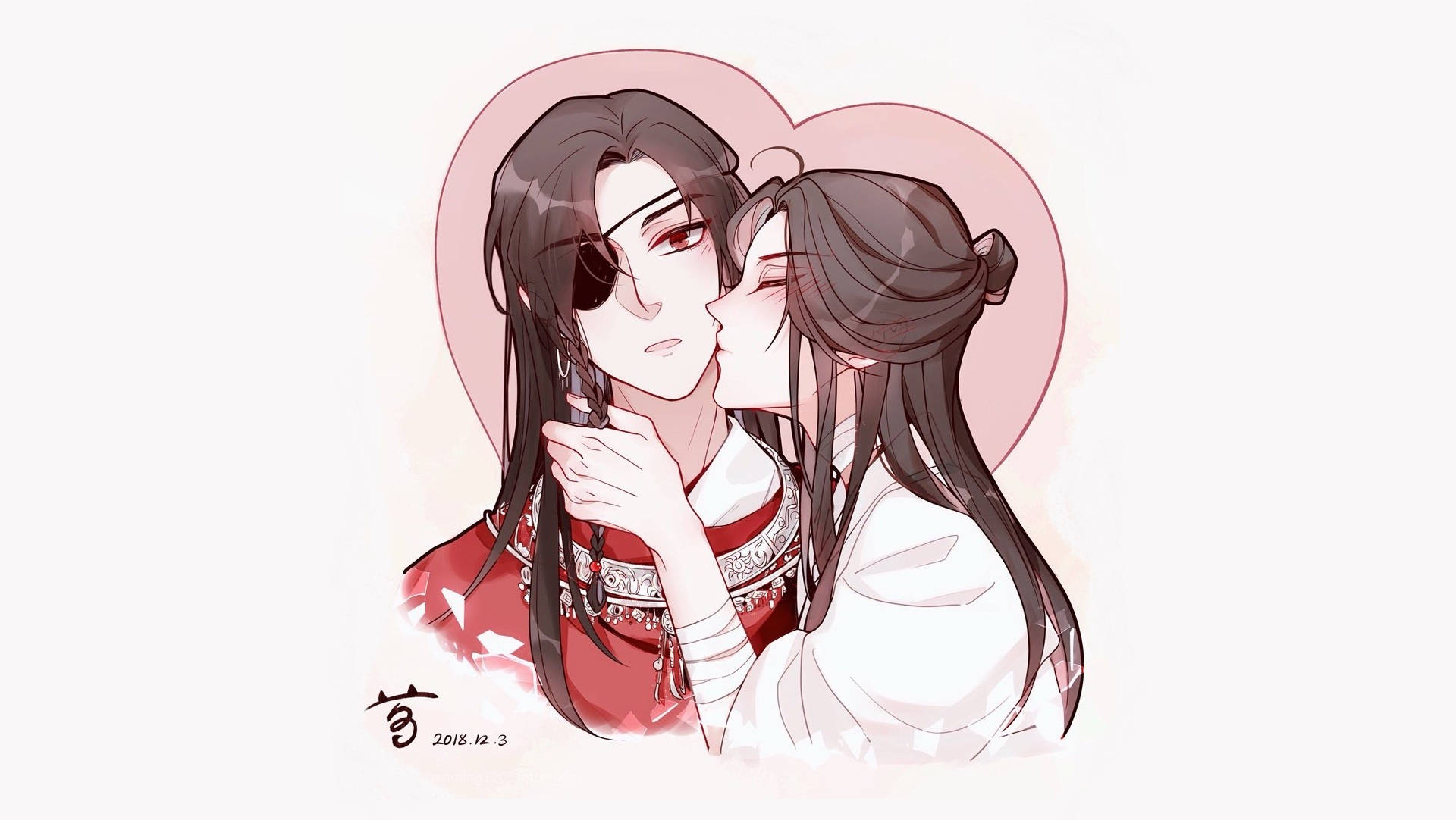 花城被謝吻 壁紙 — 兩個動漫角色穿著傳統服飾，在柔和的粉紅色心形光環下親吻。