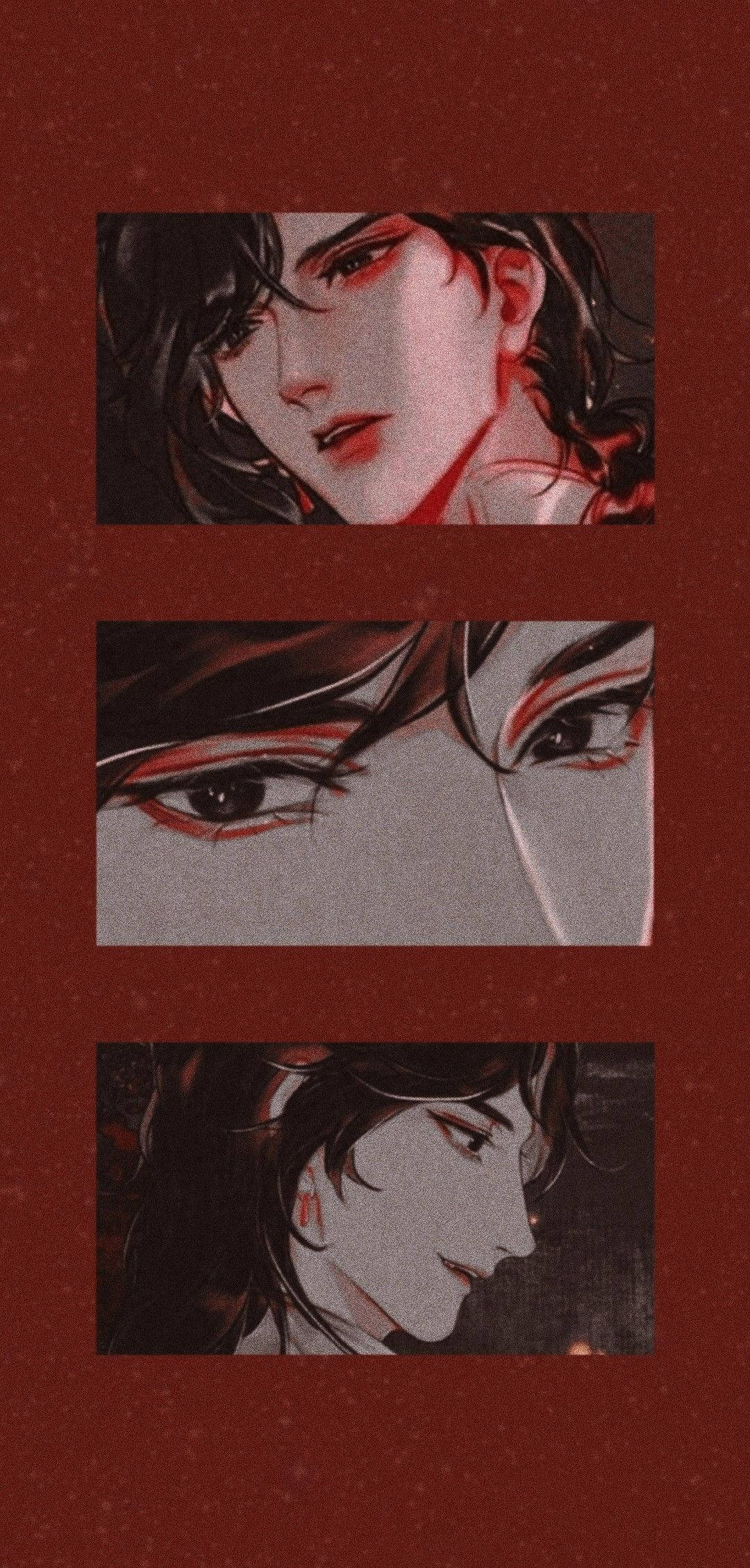 花城視覺集 壁紙 — 三個風格化的動畫肖像，描繪一個深色頭髮的男性角色，帶有紅色點綴，背景為有紋理的深紅色。