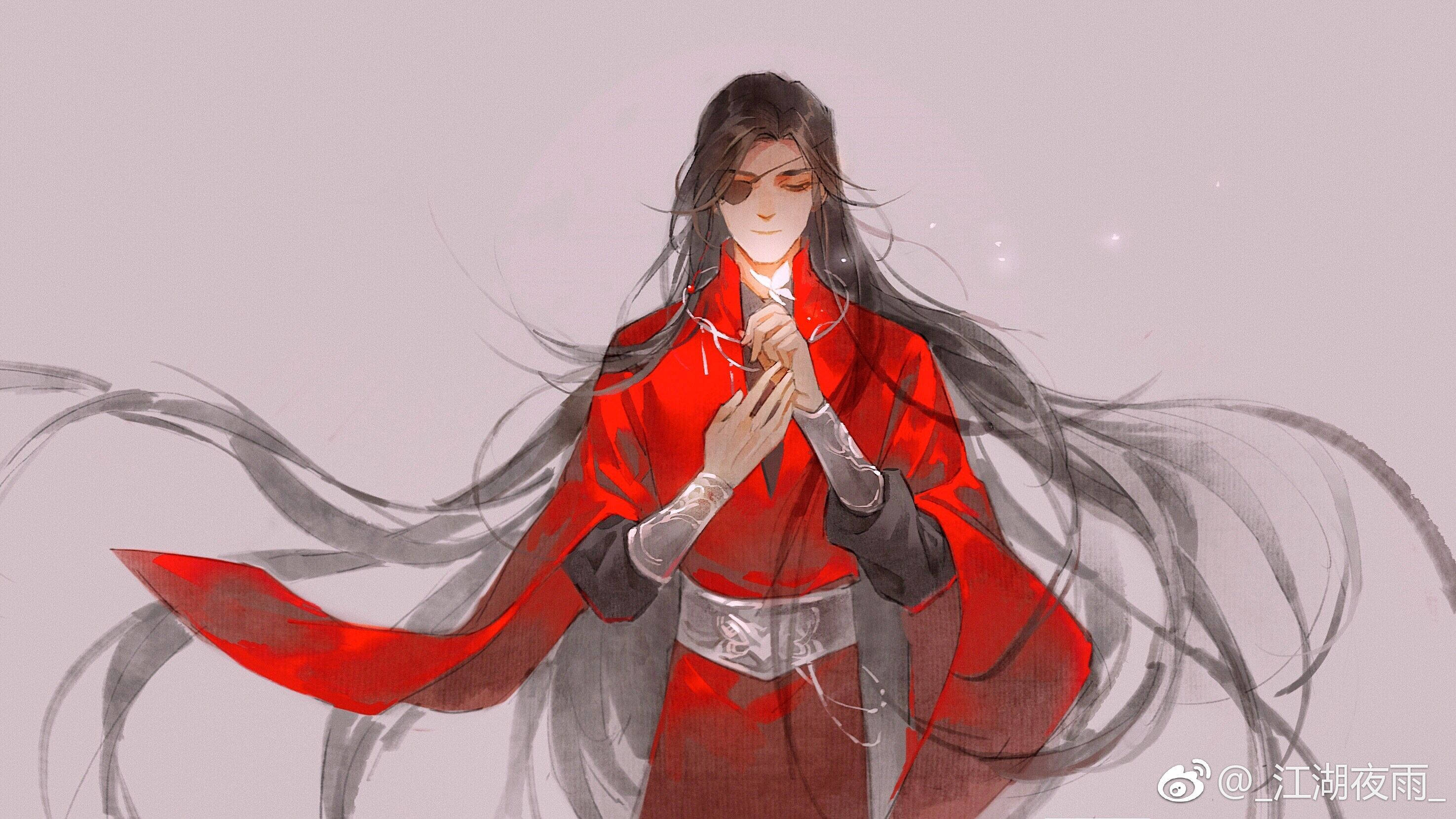 花城鬼魅 壁紙 — 一個寧靜的動漫角色，身穿飄逸的紅色長袍，長長的黑髮，站在柔和的灰色背景前。