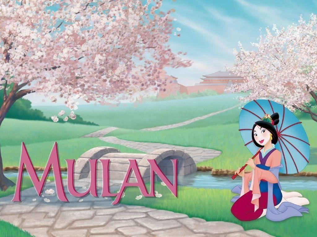 花木蘭坐在櫻花下的石橋旁，撐著傘。