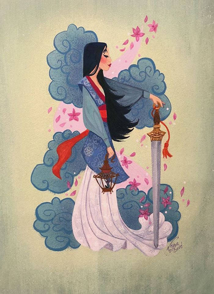 動漫女戰士手持劍和燈籠，被粉紅花朵和藍色雲霧環繞。
