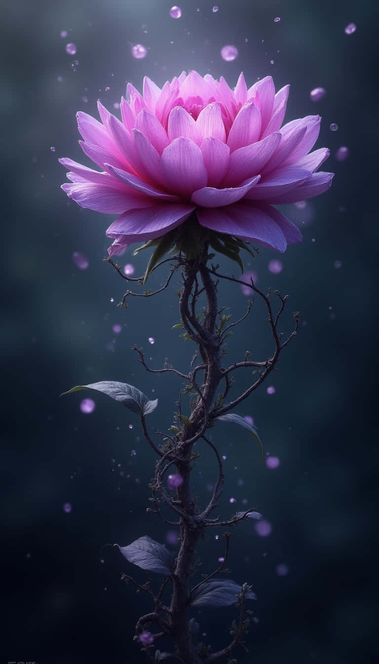 一朵發光的粉紅蓮花在扭曲的莖上，背景是黑暗迷霧，漂浮著粒子
