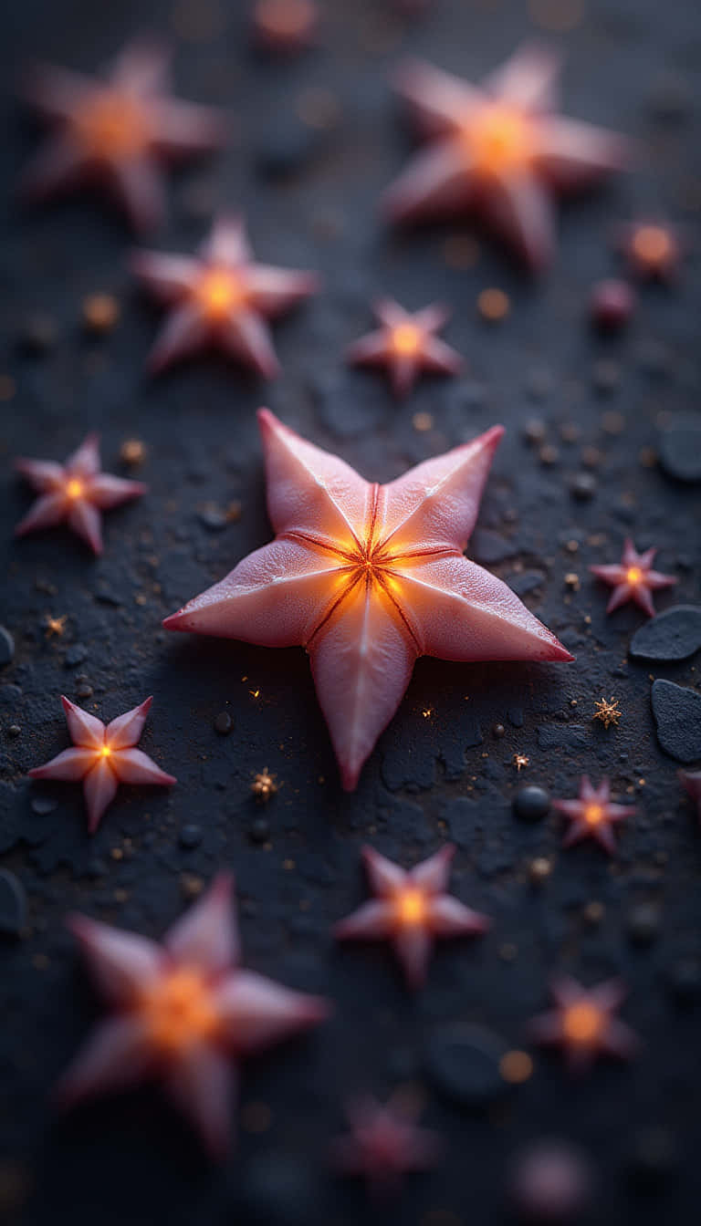 花朵 壁紙 — 一顆發光的粉紅色楊桃放在深色紋理表面上，周圍環繞著模糊的楊桃和金色斑點。