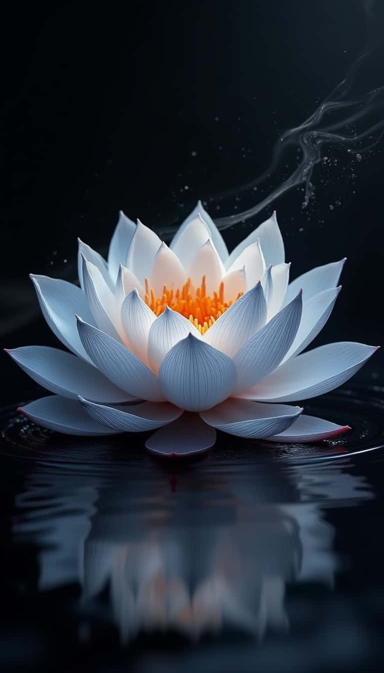 花朵 壁紙 — 一朵純潔的白蓮花，帶有發光的橙色中心，靜靜地漂浮在深色水上，上方有微妙的薄霧繚繞。