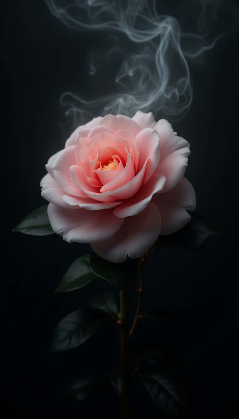 花朵 壁紙 — 一朵精緻的粉紅玫瑰在黑色背景上綻放，縷縷白煙在花瓣上方盤旋。