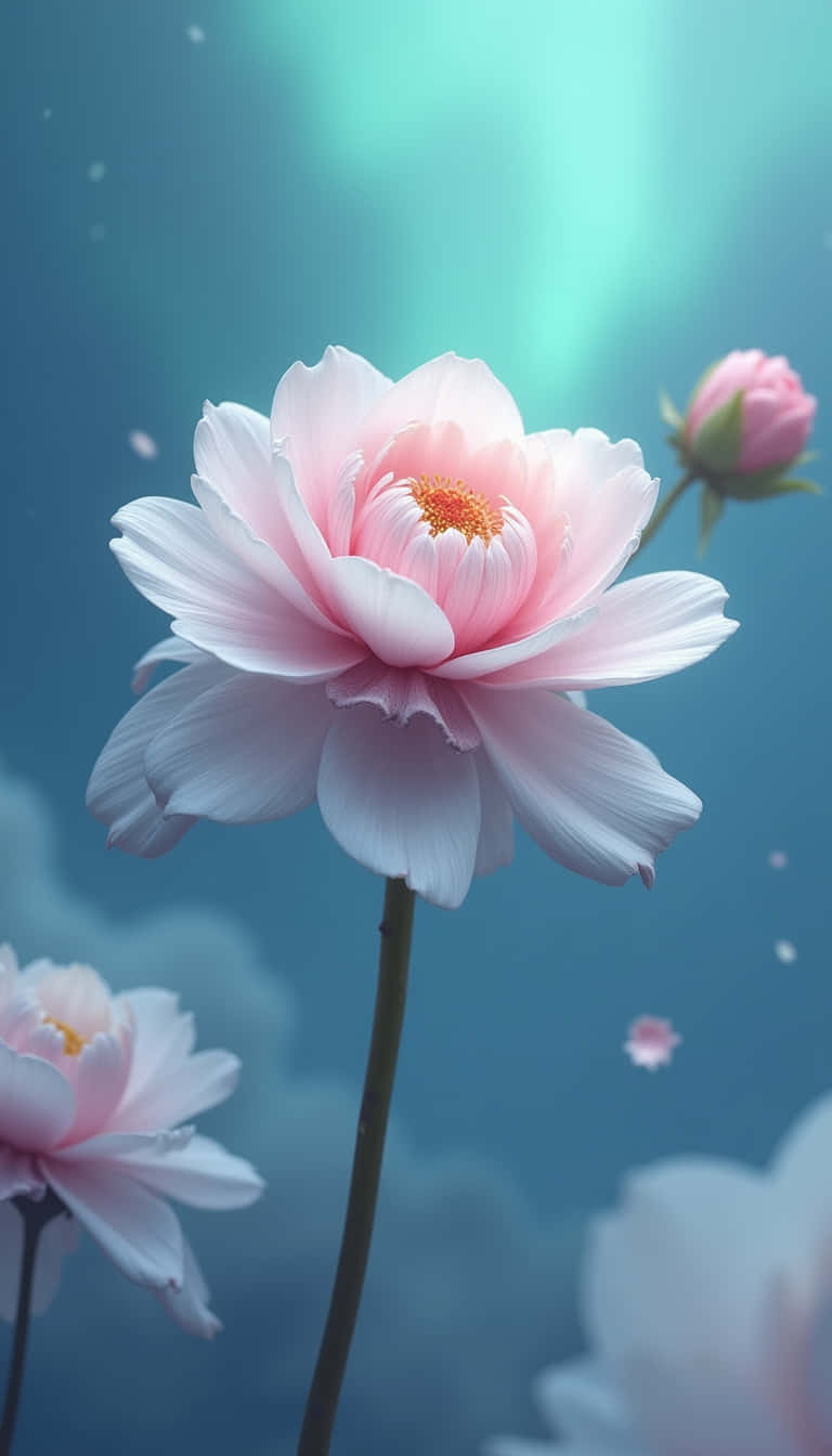 花朵 壁紙 — 一朵精緻的粉紅蓮花在柔和的青綠色背景上優雅綻放，周圍有漂浮的花瓣和一個含苞待放的花朵。