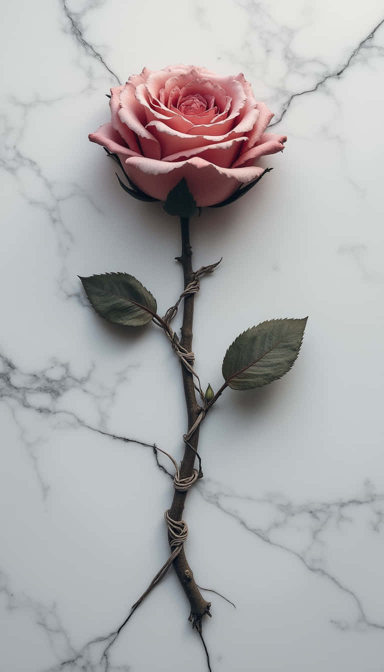 花朵 壁紙 — 一朵帶有露珠的精緻粉紅玫瑰，靜置在帶有灰色紋理的白色大理石表面上。