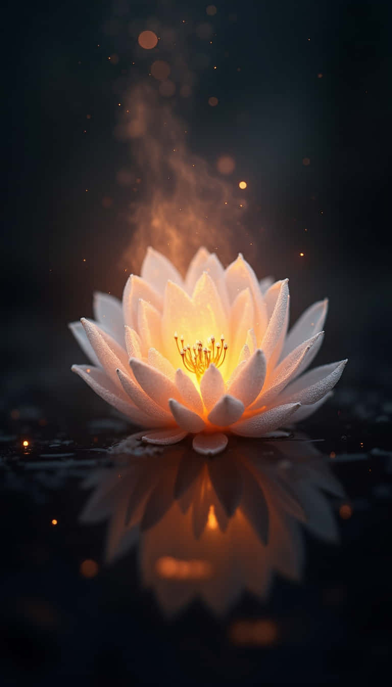 花朵 壁紙 — 一朵發光的白色蓮花漂浮在黑暗的水面上，金色光芒和火花從其中心升起。