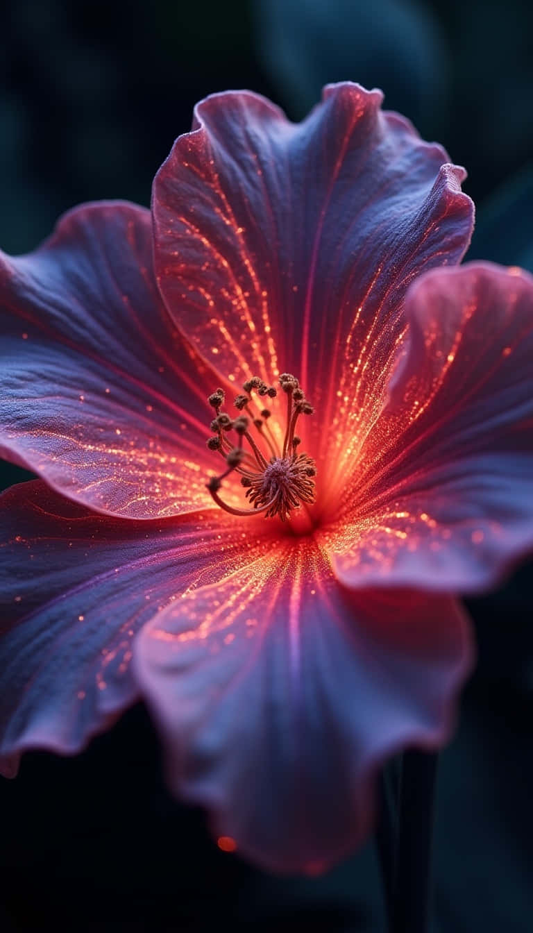 一朵發光的木槿花，從其中心散發出耀眼的紅橙色光芒。