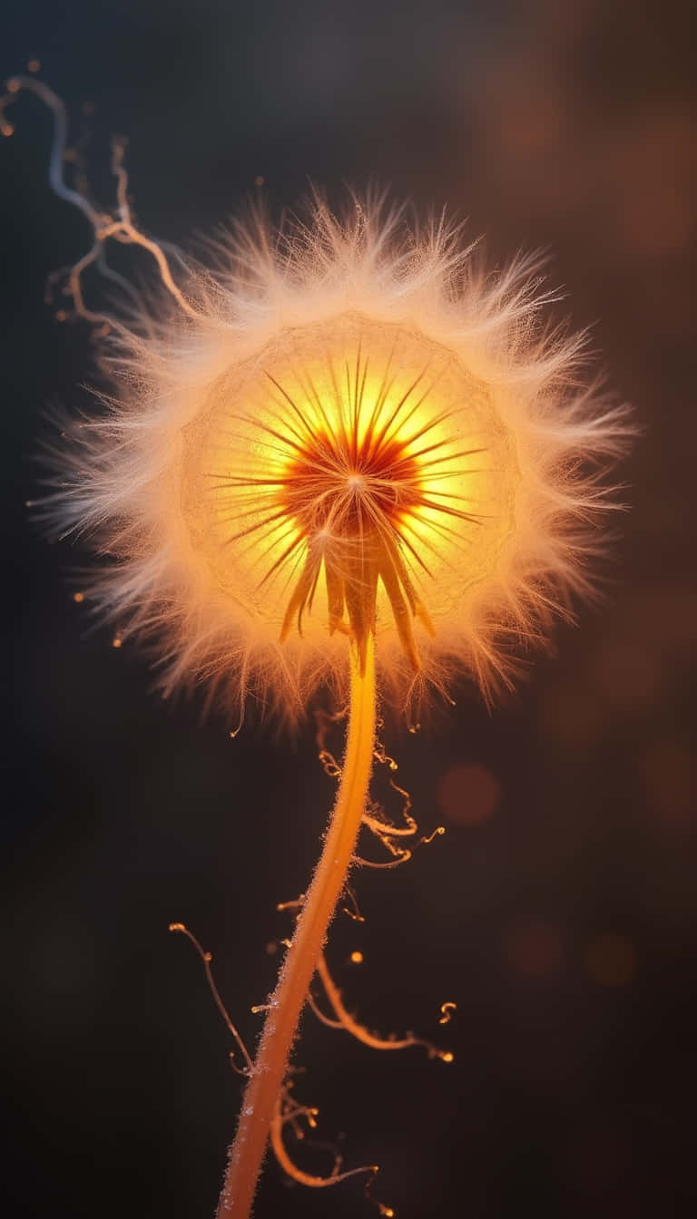 花朵 壁紙 — 一個發光的蒲公英種子頭在黑暗模糊的背景中散發出溫暖的金色光芒。