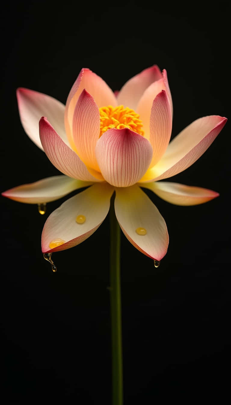花朵 壁紙 — 一朵精緻的粉紅蓮花，帶有露珠，在純黑背景下閃耀。