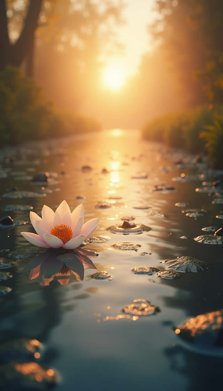 花朵 壁紙 — 一朵白色睡蓮在寧靜的池塘中盛開，金色夕陽的柔和光線穿過樹木。