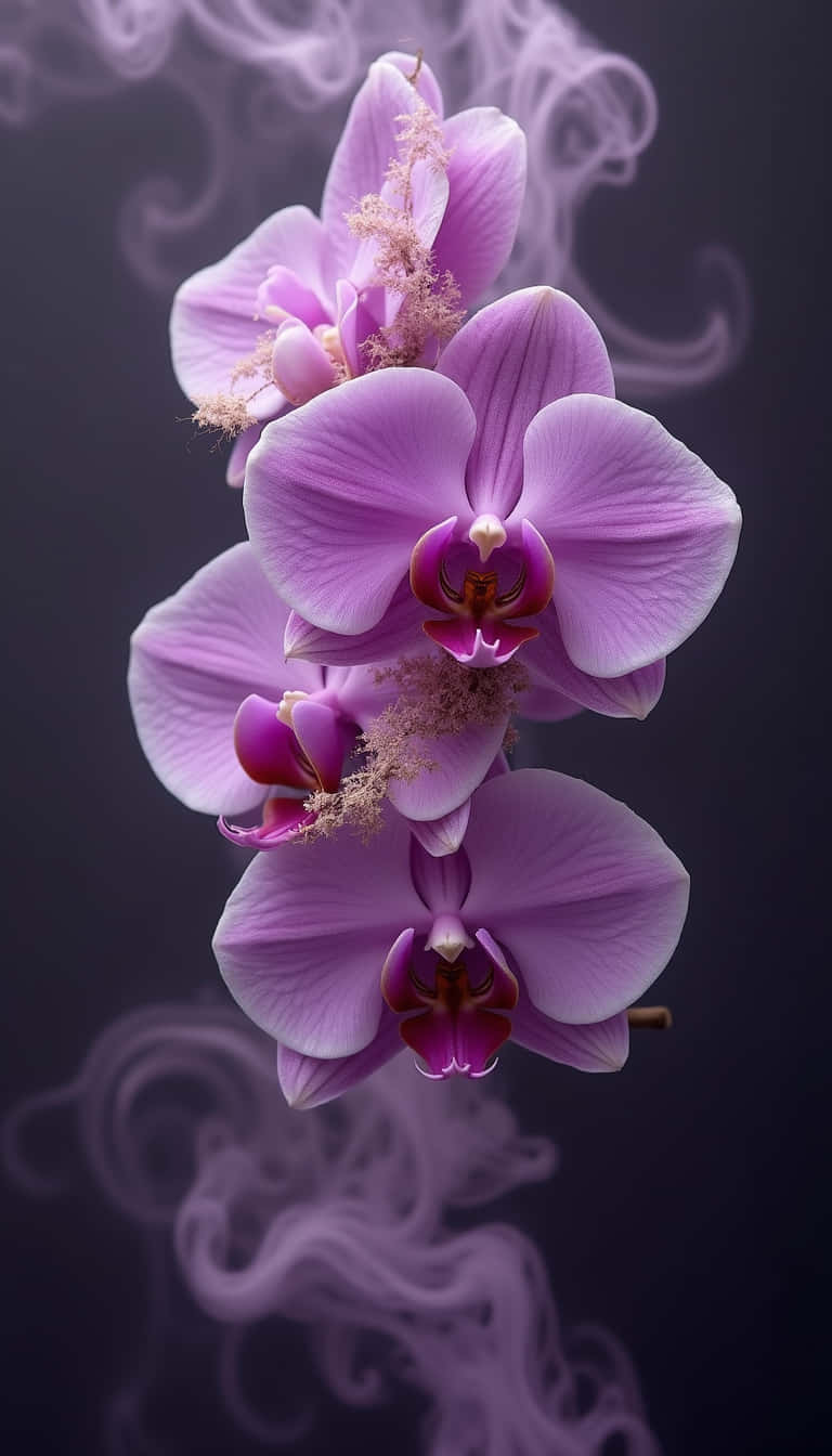 花朵 壁紙 — 優雅的紫色蘭花在黑暗背景下優美綻放，帶有旋轉煙霧點綴。