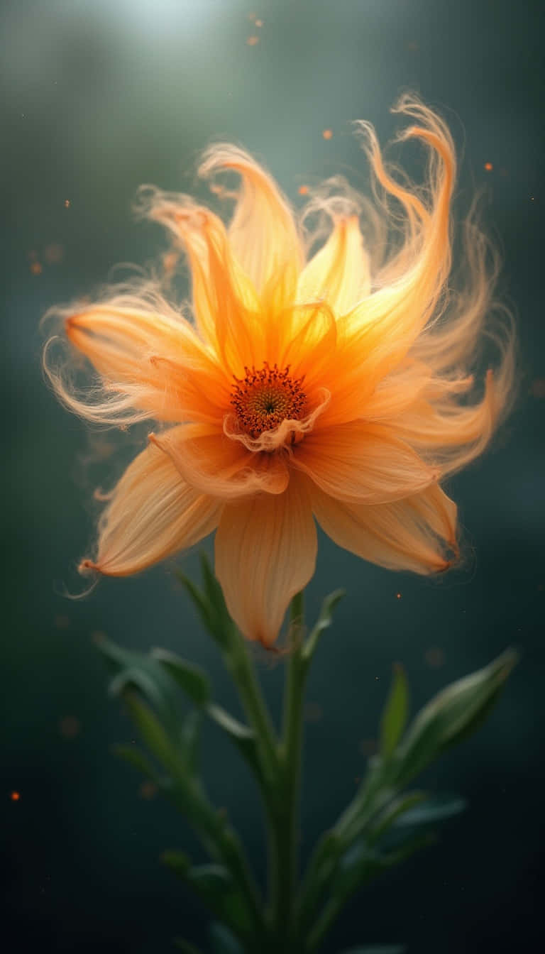 一朵發光的橙色花朵，帶有精緻纖細的花瓣，矗立在深綠色背景上，背景中漂浮著金色斑點。