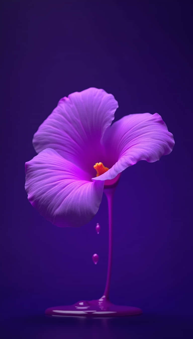 花朵 壁紙 — 一朵超現實的紫色花朵，花瓣融化，液體滴落在反射表面上，背景為深紫色。